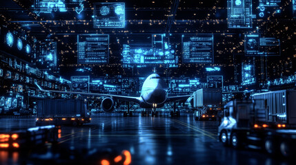 Futuristic logistics hub showcasing advanced cargo transport systems at a digital airport illuminated by glowing technology
