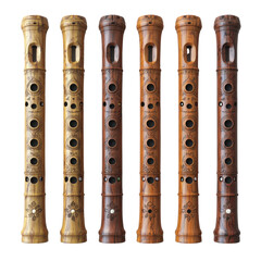 Naklejka premium Six Ornate Wooden Flutes Musical Instruments Folk Music Woodwind