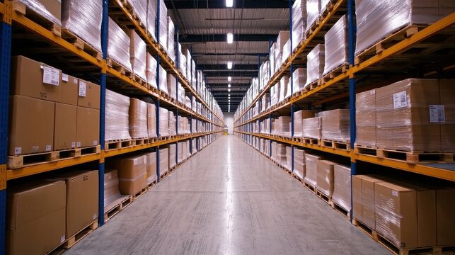 A warehouse aisle lined with stacked cardboard boxes on shelves, showcasing organized storage and logistics operations. - Powered by Adobe