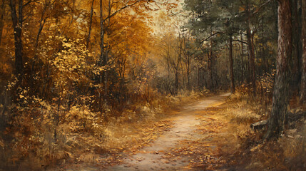 Obraz premium A calm autumn sunrise casting golden hues over a misty forest with vivid fall colors