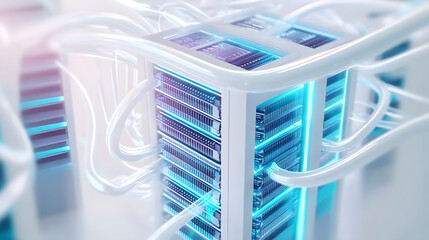 White and blue abstract network on server room data center 3D rendering, connection network data center room storage systems.