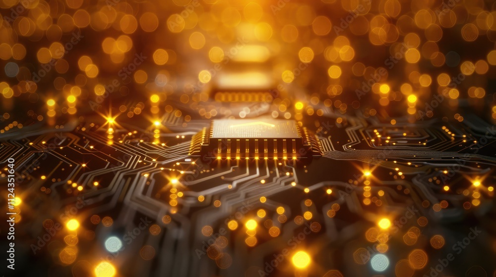 Poster close-up of golden computer microchips on a circuit board with glowing elements.