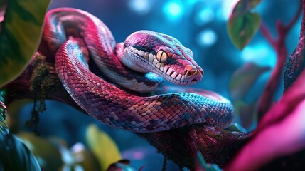 Colorful Snake Coiled on Branch in Vibrant Jungle Setting