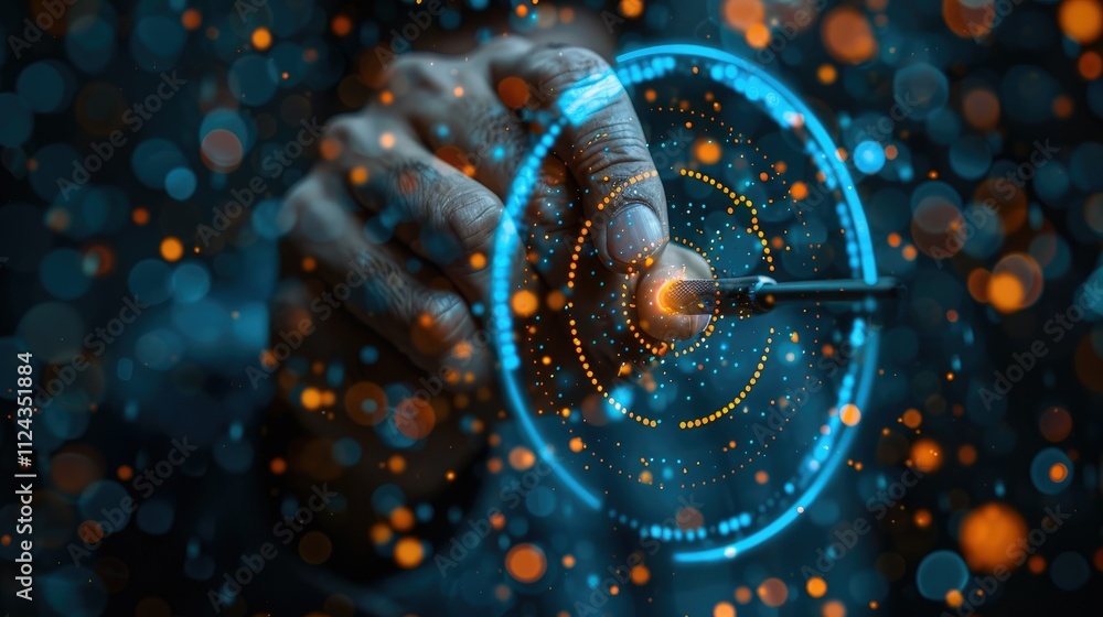 Poster close-up of hands interacting with a futuristic, glowing circular interface, featuring a digital arr
