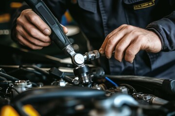Mechanics at work a detailed view of a mechanic using a torque wrench in an automotive workshop environment for precision engineering insights