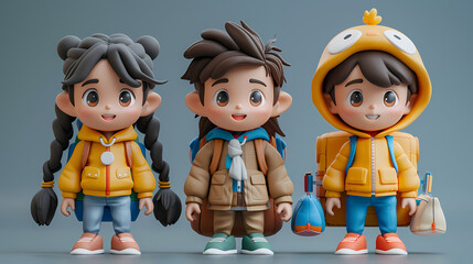 Childhood Adventures Await: Three adorable cartoon-style figurines, each with unique personalities and backpacks, are ready for an exciting journey.