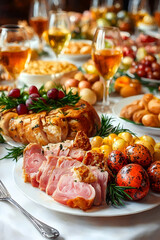 Festive Easter table with roasted meat, eggs, and wine.
