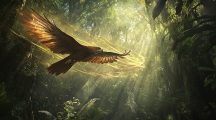 Fototapeta premium Majestic Eagle Soaring Through Lush Green Forest with Vibrant Light