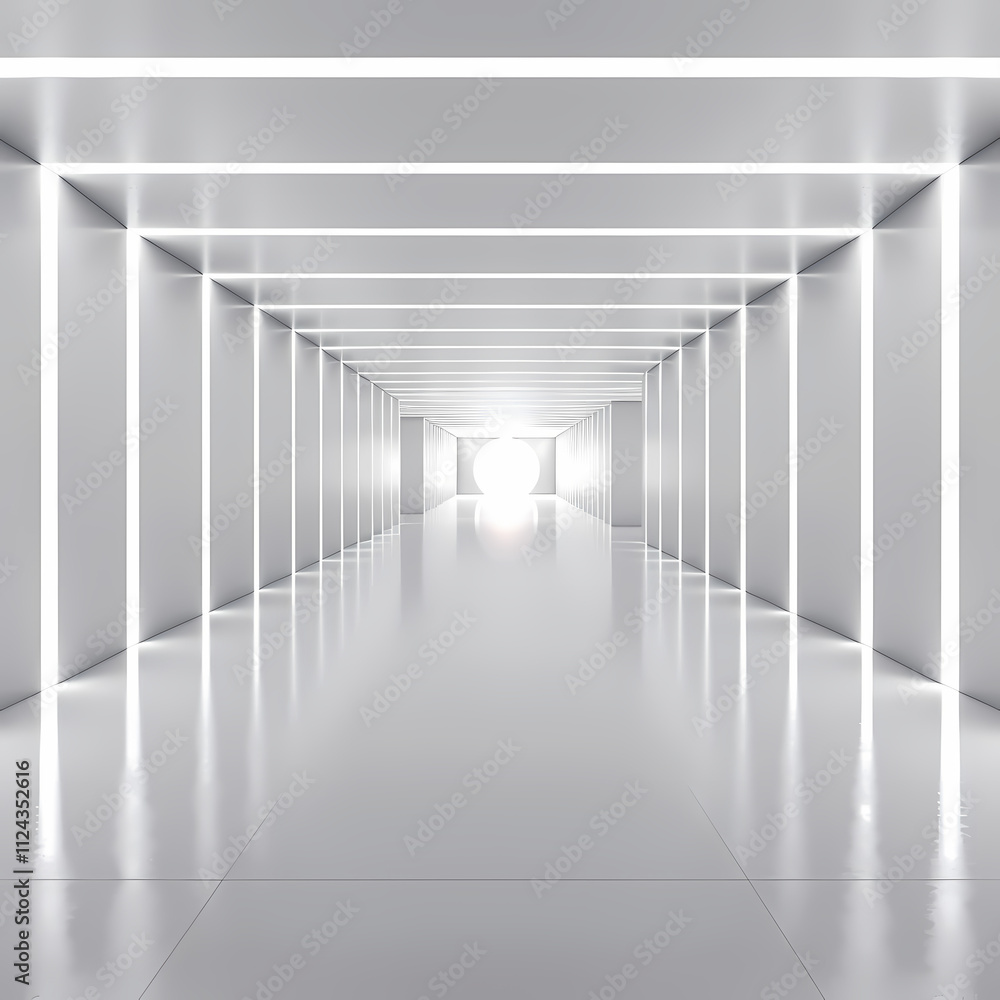 Poster abstract minimalist corridor: a clean and sleek hallway with a white glossy floor and white walls. b