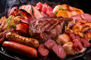 Huge delicious grilled meat with vegetables on a plate 