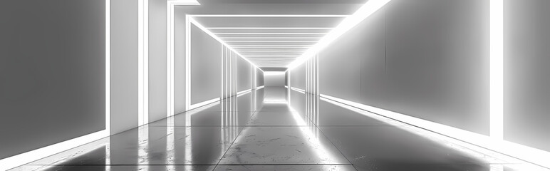 Modern Minimalist Corridor: A sleek, minimalist hallway with bright LED lighting creates a futuristic, clean aesthetic, emphasizing lines, reflections, and a sense of depth and perspective. 