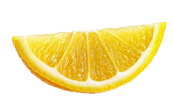 Ripe wedge of yellow lemon citrus fruit stand isolated on transparent background