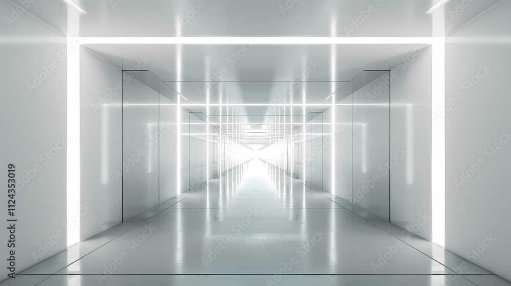 Poster Futuristic Corridor: A captivating perspective of a minimalist hallway, characterized by gleaming white surfaces and a grid of illuminating lines creating a hypnotic effect.