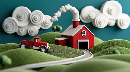 Low-poly small farmhouse surrounded by rolling fields