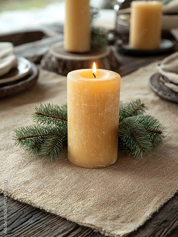 Poster lit candle with pine branches on a rustic table setting.