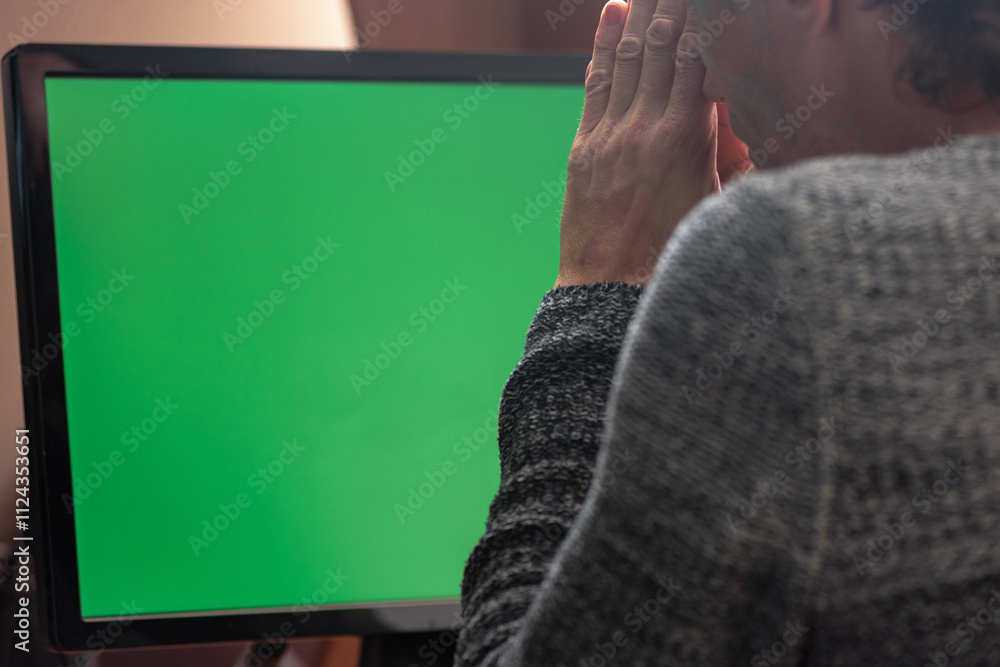 Aufkleber male worker praying for good fortune while working on computer at home. man sitting at a computer mo