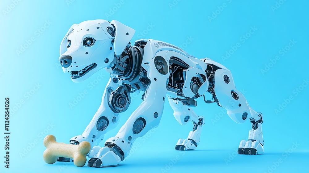 Poster a robotic dog playing fetch with a bone.