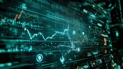 A complex digital display of financial data and market trends, perfect for technology and business.