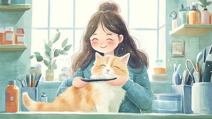 Girl Gently Brushes Her Orange Cat Near Window
