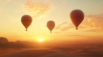 Fototapeta premium Hot Air Balloons Floating Above Desert Dunes During Breathtaking Sunset with Vibrant Sky and Serene Landscape in Warm Tones and Soft Light