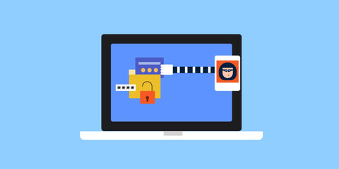 Digital hacking, stealing data from unprotected folder, hacker attack, web security conceptual vector illustration.