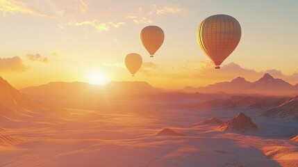 Obraz premium Hot Air Balloons Soaring at Dusk Over a Stunning Desert Landscape with Golden Sunlight and Majestic Mountains in the Background, Beautiful Adventure Scene
