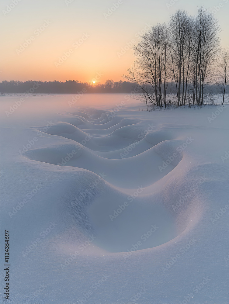 Poster sunrise over snowy field with windswept snow patterns and trees.
