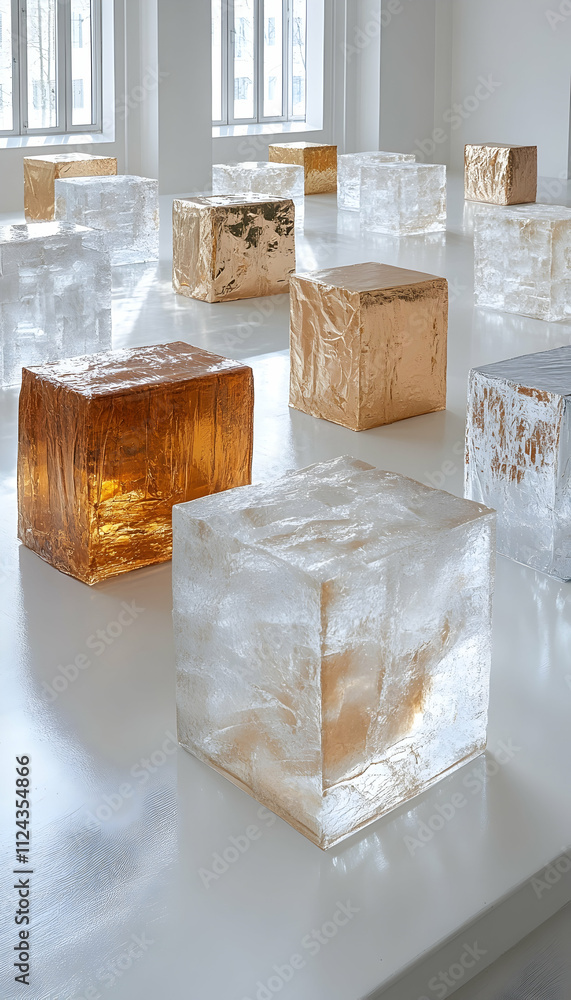 Poster translucent cubes in various colors and textures on a white surface, illuminated by natural light.