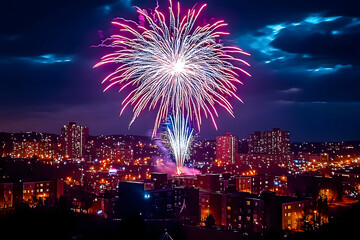 Vibrant fireworks explode over a city skyline at night.