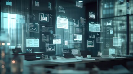 Modern office space features glowing digital screens displaying complex analytical data for business.