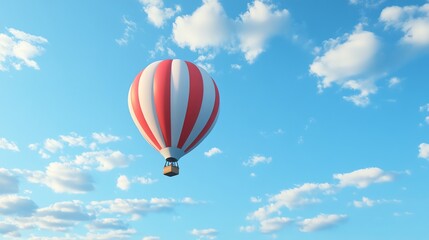 Fototapeta premium A red and white striped hot air balloon floats in a blue sky.