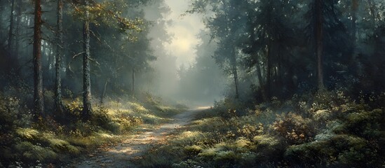 Obraz premium Misty forest path with sunlight filtering through the trees.