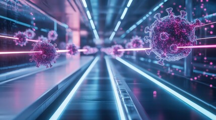 A futuristic health clinic featuring holographic immune cells targeting autoimmune responses, with glowing beams representing the pathways of immunotherapy treatment and immune system regulation.