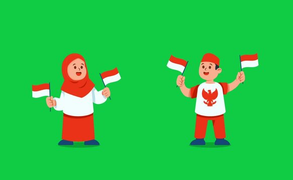 Chroma Key Moslem Teens Waving Red White Flag