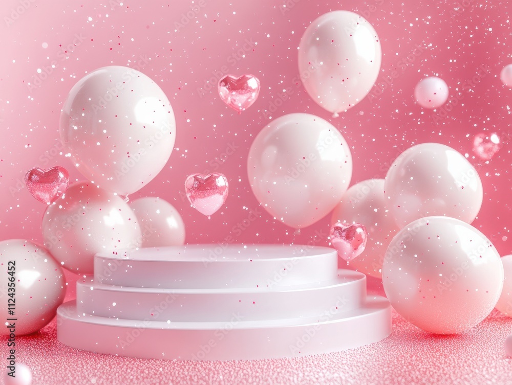 Poster elegant pink background with white and heart-shaped balloons on a modern display stand creating a fe