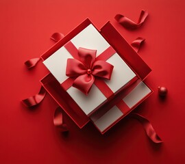 Elegant red gift box with a satin bow and ribbon against a vibrant red background, perfect for celebrations, holidays, and special occasions, evoking joy and surprise