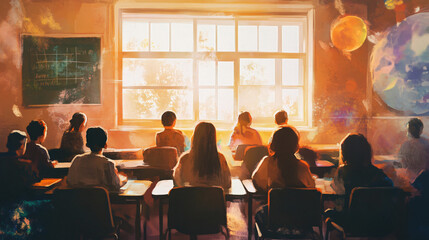 A classroom with diverse students engaged in a discussion about human rights, showcasing the importance of education for fostering equality and understanding.