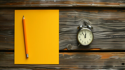 Time for Ideas: A minimalist composition featuring a yellow notepad, a sharpened pencil, and an antique alarm clock poised on a rustic wooden backdrop.