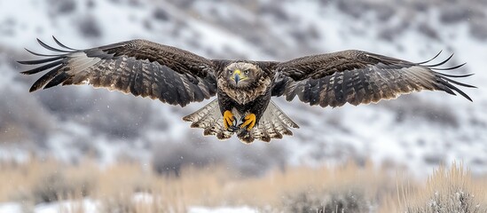 Obraz premium Golden eagle in flight, low angle, wings spread, snowy landscape.