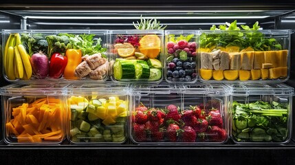 A futuristic meal prep station with transparent containers filled with fresh, colorful fruits, vegetables, and lean proteins, ready for a week of healthy weight loss meals.