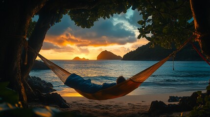 Person sleeping in hammock on beach at sunrise.