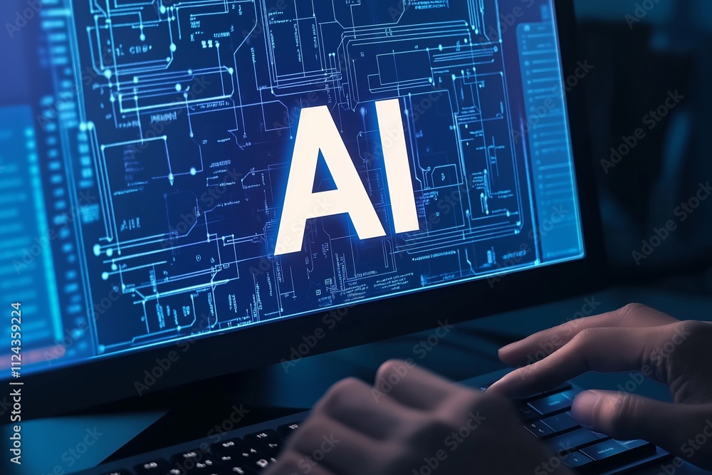 Poster hands of the person with the computer . the word ai on the screen