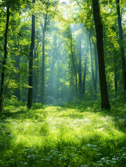 Obraz premium Sunlit Forest Path: A tranquil scene of sunbeams piercing through a lush green forest, illuminating a path leading into the serene woods. The image evokes a sense of peace and natural beauty.
