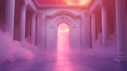 Surreal pink sunset scene in a classical white marble building with columns, arches and a doorway leading to a bright light.