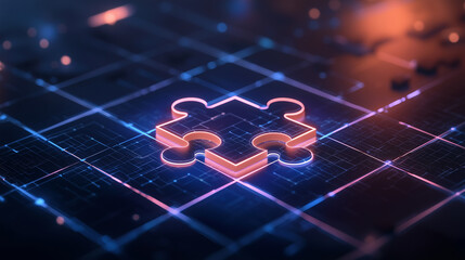 A holographic digital puzzle completes itself on a glowing blue grid, with dynamic energy beams and abstract futuristic shapes swirling in the background, symbolizing API synergy.