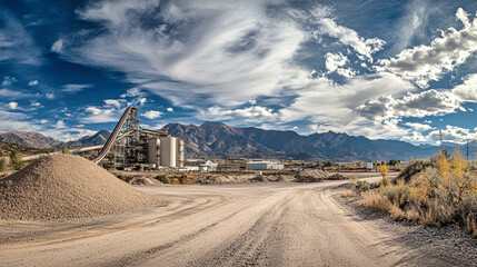 Industrial building for stone and gravel processing with mountains in the background and dirt road leading to the site