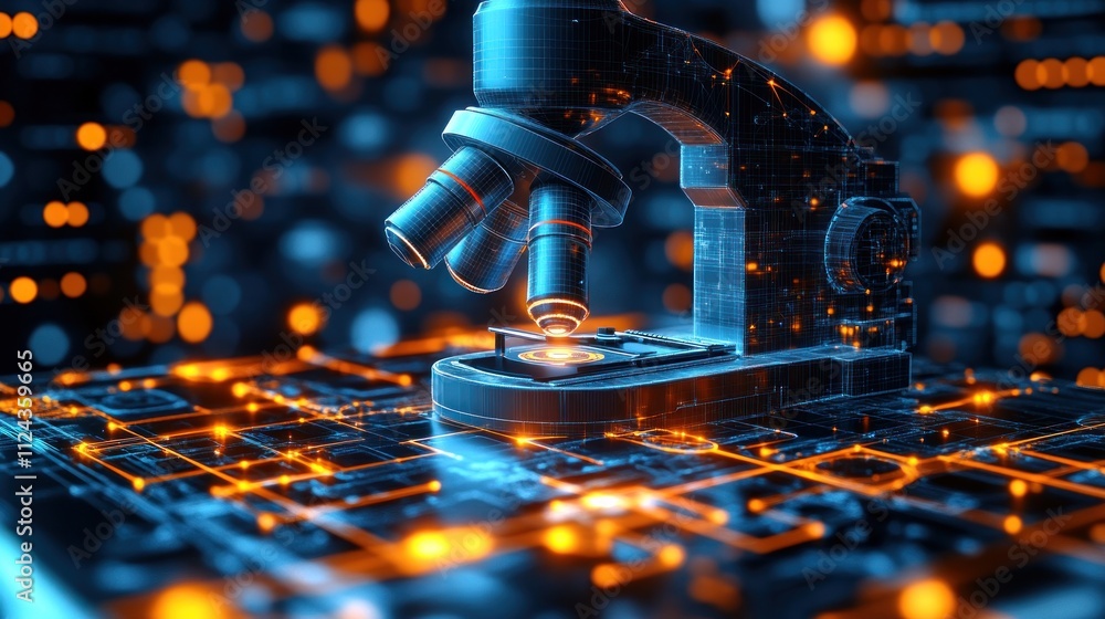Poster a futuristic microscope examining a circuit board with glowing elements.