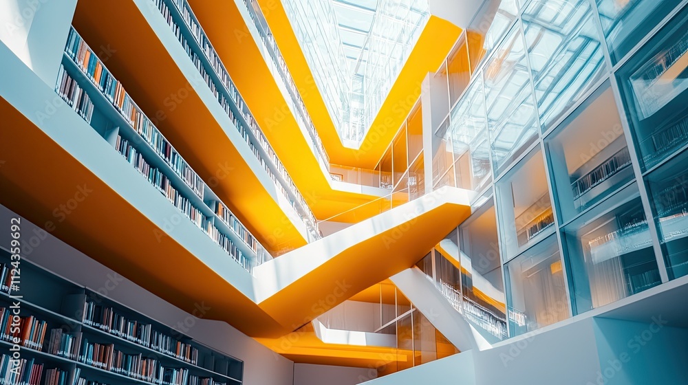 Poster modern architectural design of an innovative library featuring bright orange elements and open space