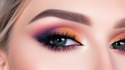 Obraz premium A portrait featuring a dramatic eye makeup look with colorful pigments on a model, emphasized by the subtle texture of the black background, drawing the viewers focus to the artistry of the makeup.