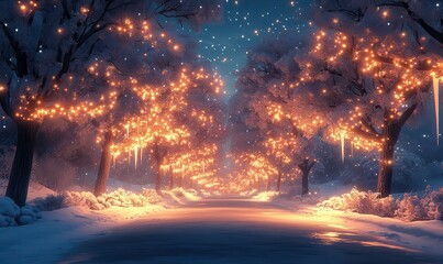 Fototapeta premium Enchanted Winter Scene with Glowing Trees and Icicles in a Snowy Landscape, Creating a Magical and Serene Atmosphere for Seasonal Celebrations